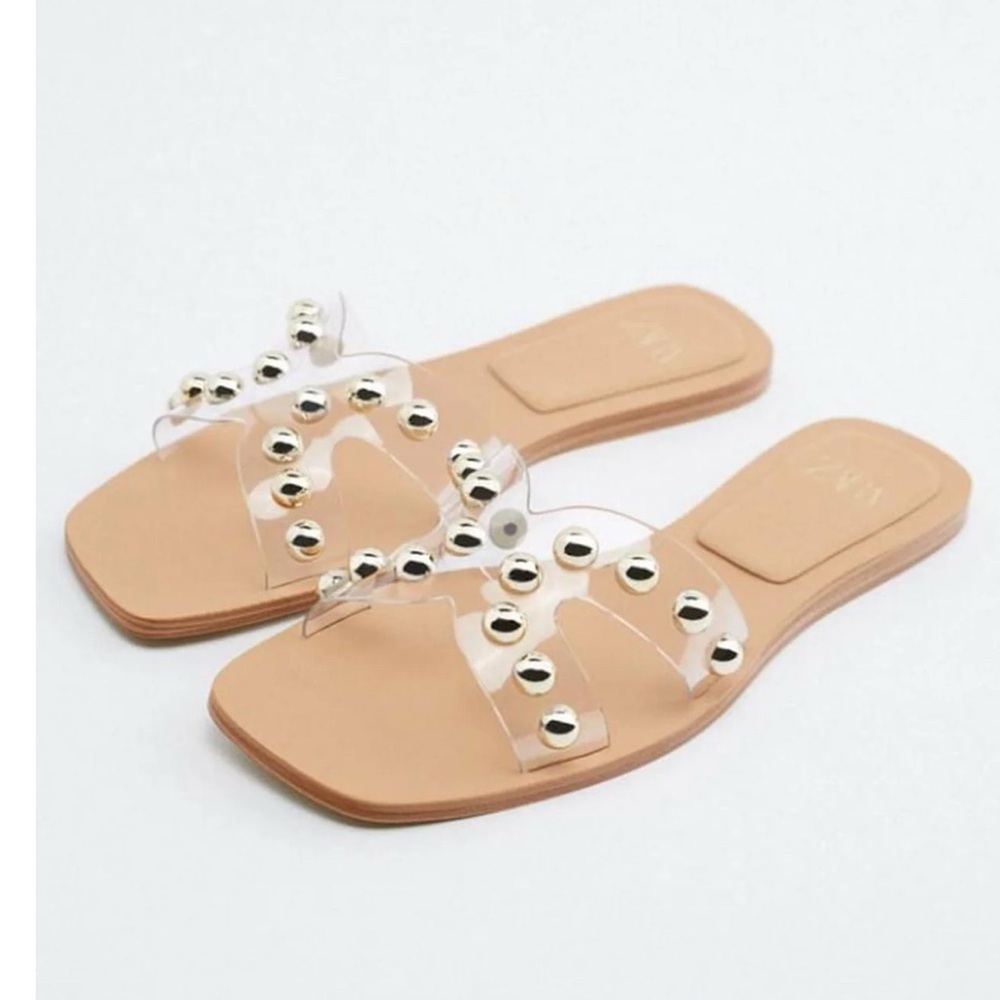 Zara Tan and Clear Embellished Sandals